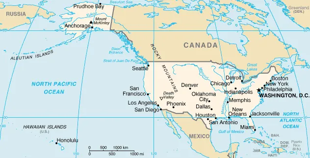 Mapa USA z zaznaczoną Kalifornią i Los Angeles