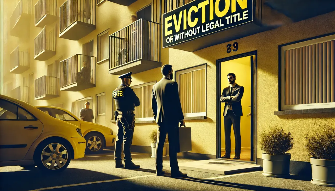 Policjant i mężczyzna w garniturze stoją przed budynkiem z napisem 