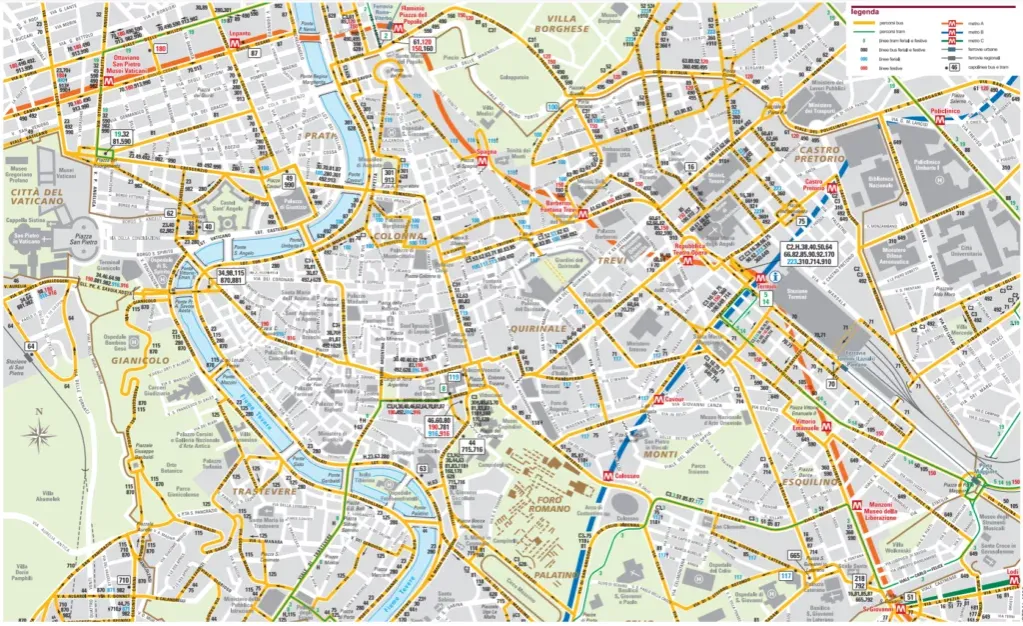Mapa dzielnic Rzymu z zaznaczonymi atrakcjami i stacjami metra