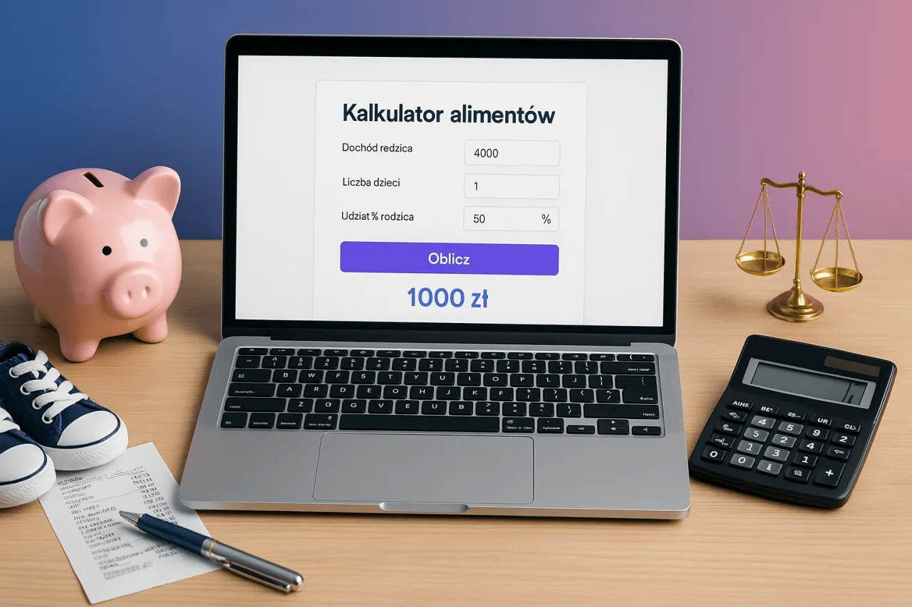 Kalkulator aliment&oacute;w pokazuje, jak obliczyć kryterium dochodowe do funduszu alimentacyjnego. Na ekranie widać wpisany doch&oacute;d rodzica, liczbę dzieci i udział procentowy.