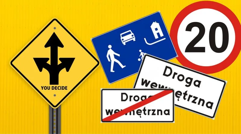 Znaki drogowe na osiedlu mieszkaniowym, strefa ruchu, strefa zamieszkania, droga wewnętrzna