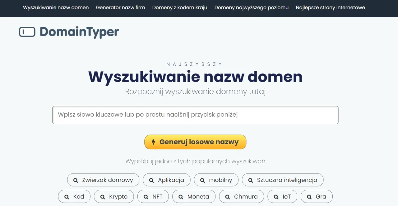 Szybkie wyszukiwanie nazw domen. Sprawdź, czy Twoja wymarzona domena czy wolna, wpisując słowo kluczowe lub klikając przycisk generowania.