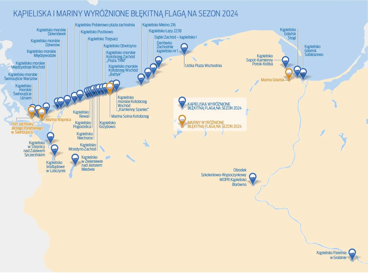 Mapa najczystszych plaż Bałtyku z oznaczeniem Błękitnej Flagi