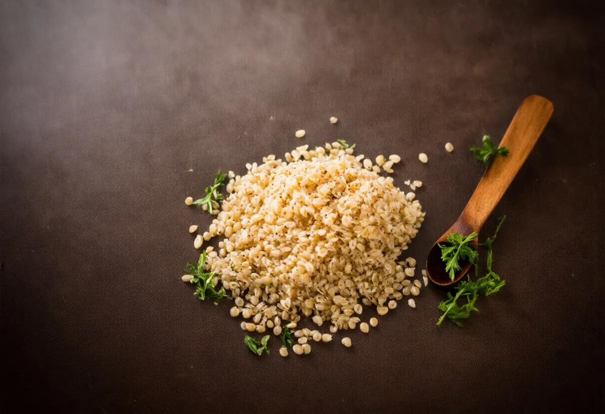 Kaszka jęczmienna na ciemnym tle, obok drewniana łyżka z ziołami. Zastanawiasz się, ile wody na szklankę kaszy jęczmiennej?