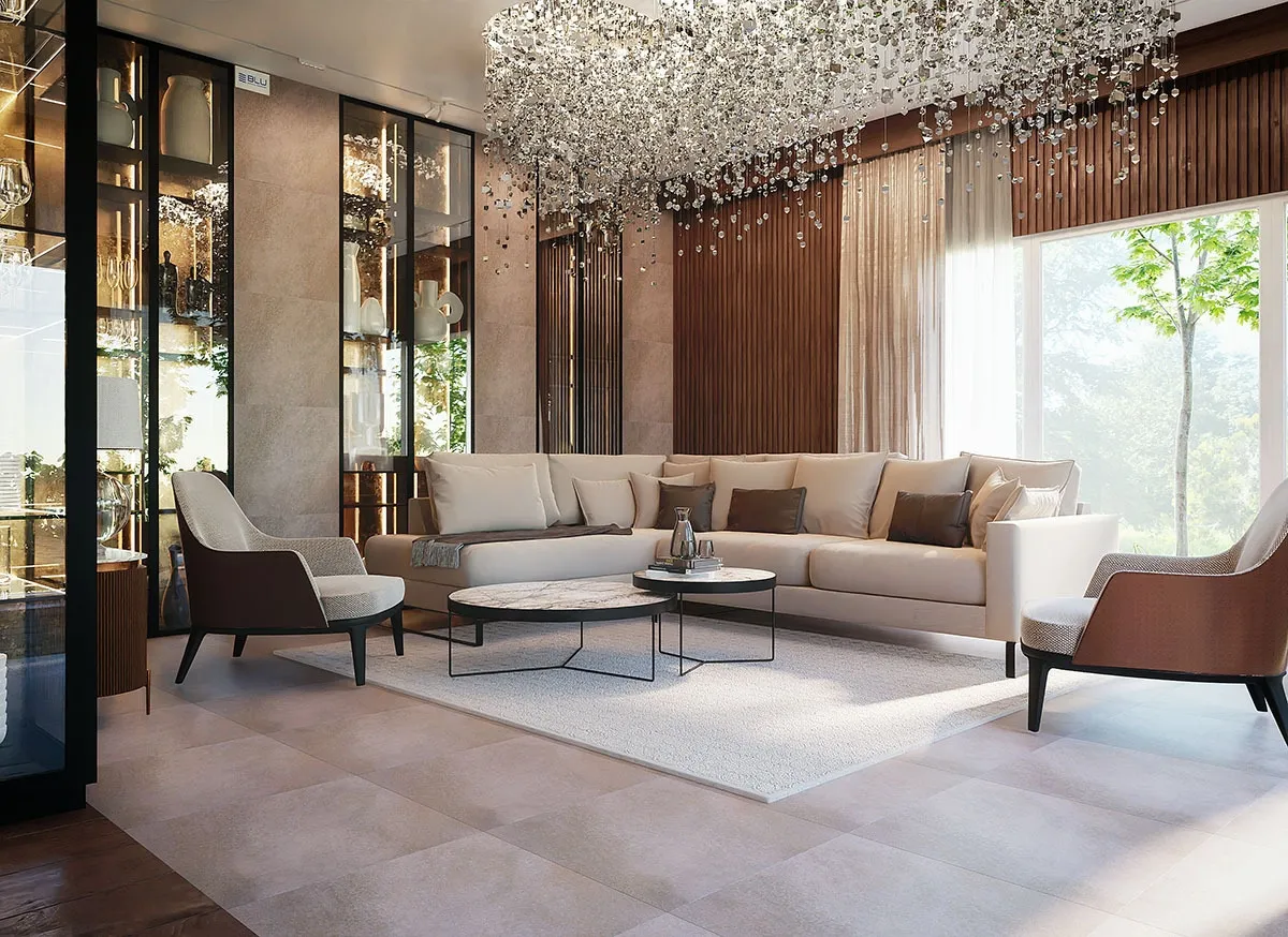 beżowy salon w stylu glamour