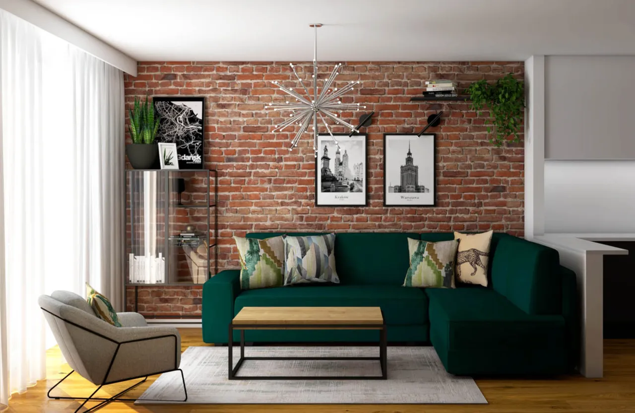 Turkusowa kanapa z ceglaną ścianą