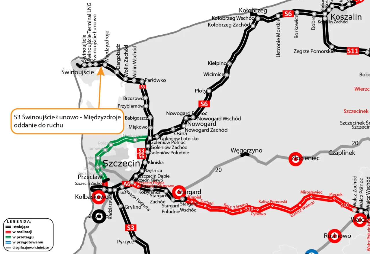 Mapa drogowa z zaznaczonym przebiegiem drogi S3 Świnoujście - Międzyzdroje. Widoczne są inne drogi ekspresowe S6, S11 oraz autostrada A6.