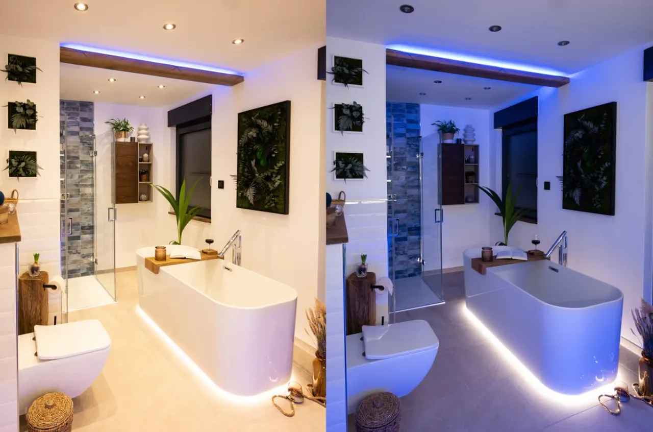 Łazienka z r&oacute;żnymi rodzajami oświetlenia strefowego