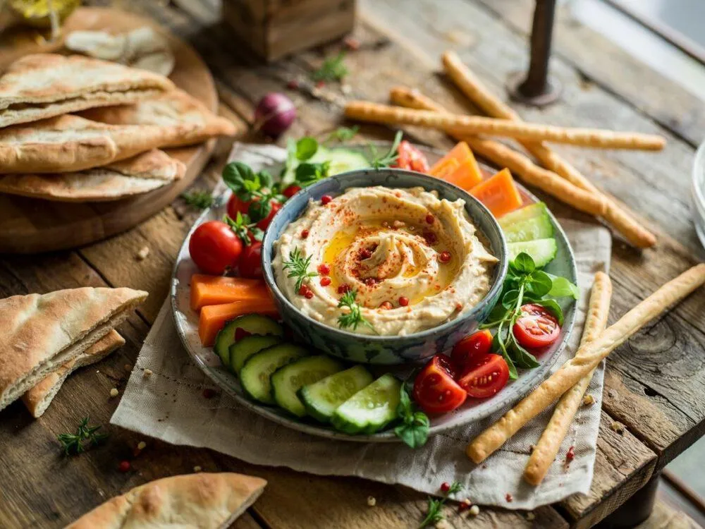 hummus z pokrojonymi warzywami do maczania