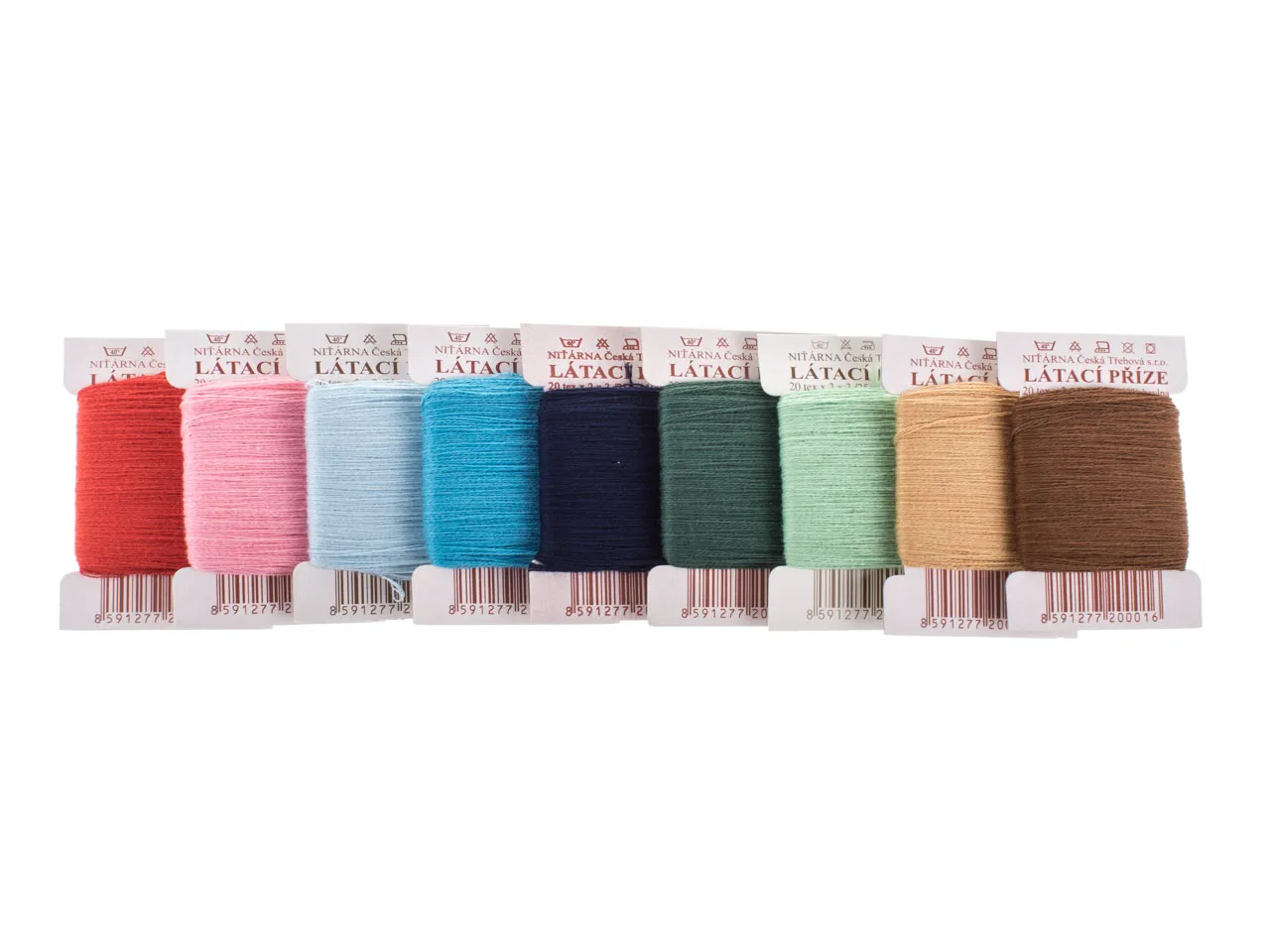 Kolorowe szpulki z rodzajem nici do cerowania skarpet. Od czerwonego, przez r&oacute;żowy, błękitny, turkusowy, granatowy, zielony, miętowy, beżowy, po brązowy.