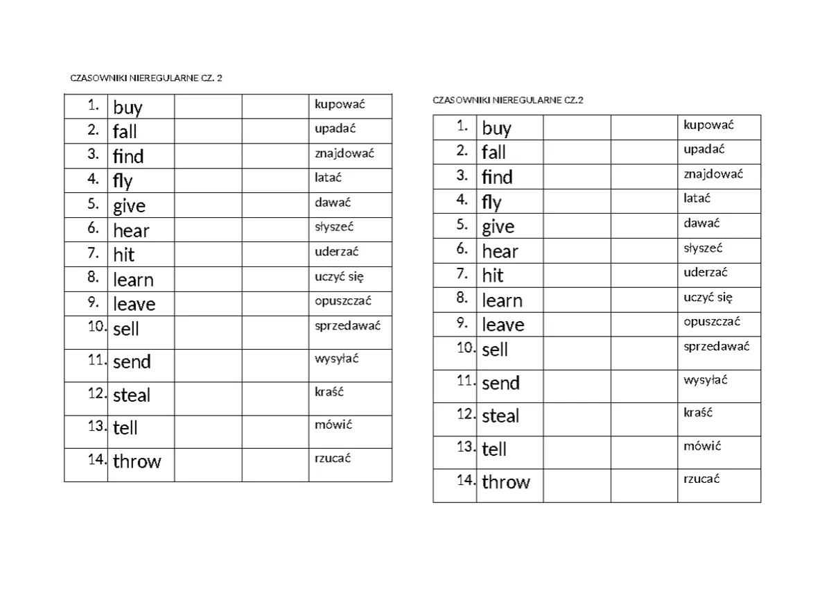 test z czasowników nieregularnych poziom początkujący