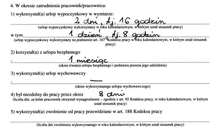 świadectwo pracy urlop bezpłatny