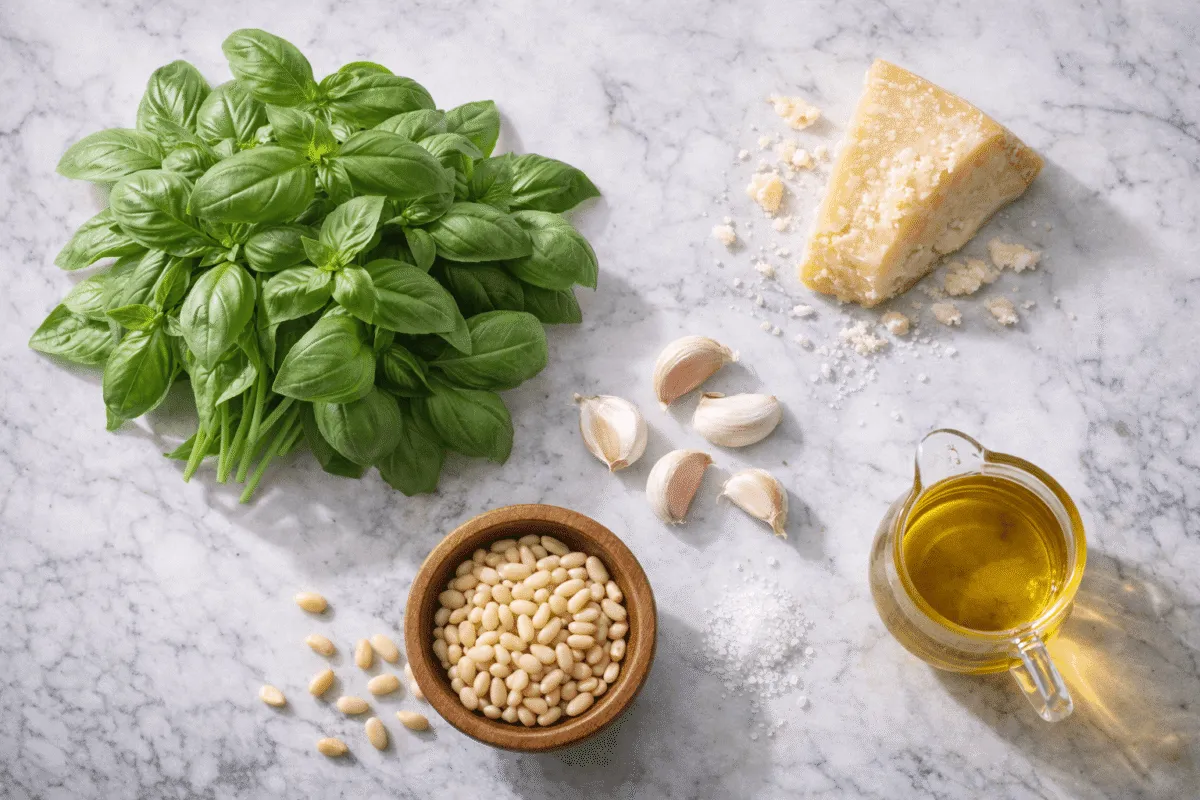 składniki do ulepszenia pesto bazylia parmezan czosnek orzechy oliwa