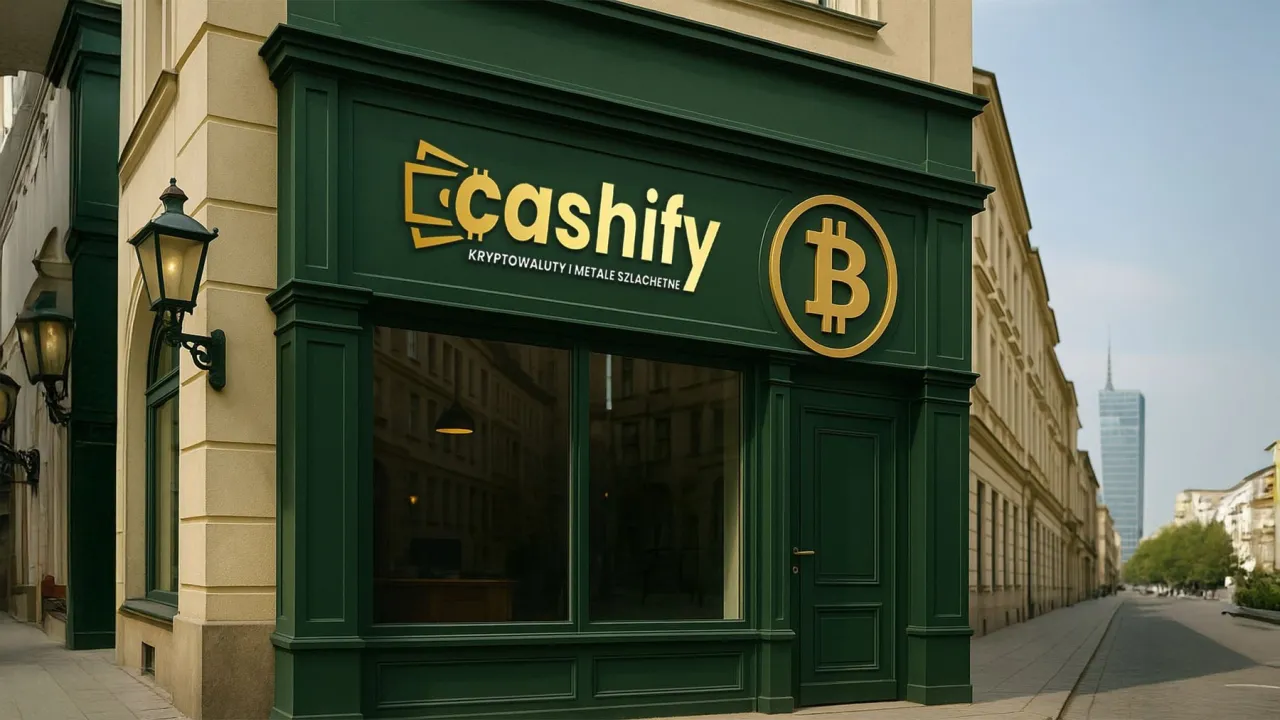 Sklep Cashify, gdzie kupić kryptowaluty i metale szlachetne. Złote logo z symbolem Bitcoina na zielonej fasadzie.