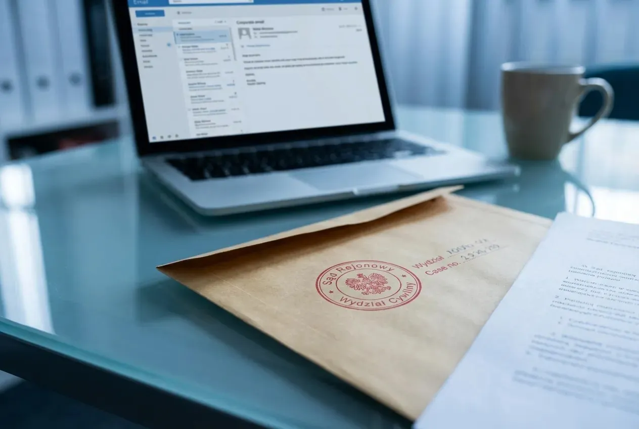 Osoba czytająca pozew sądowy, zegar, stres