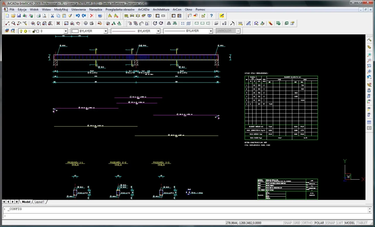 Projekt techniczny przedstawia zasady zbrojenia belek żelbetowych, z detalami wymiarowymi i tabelarycznym zestawieniem stali.