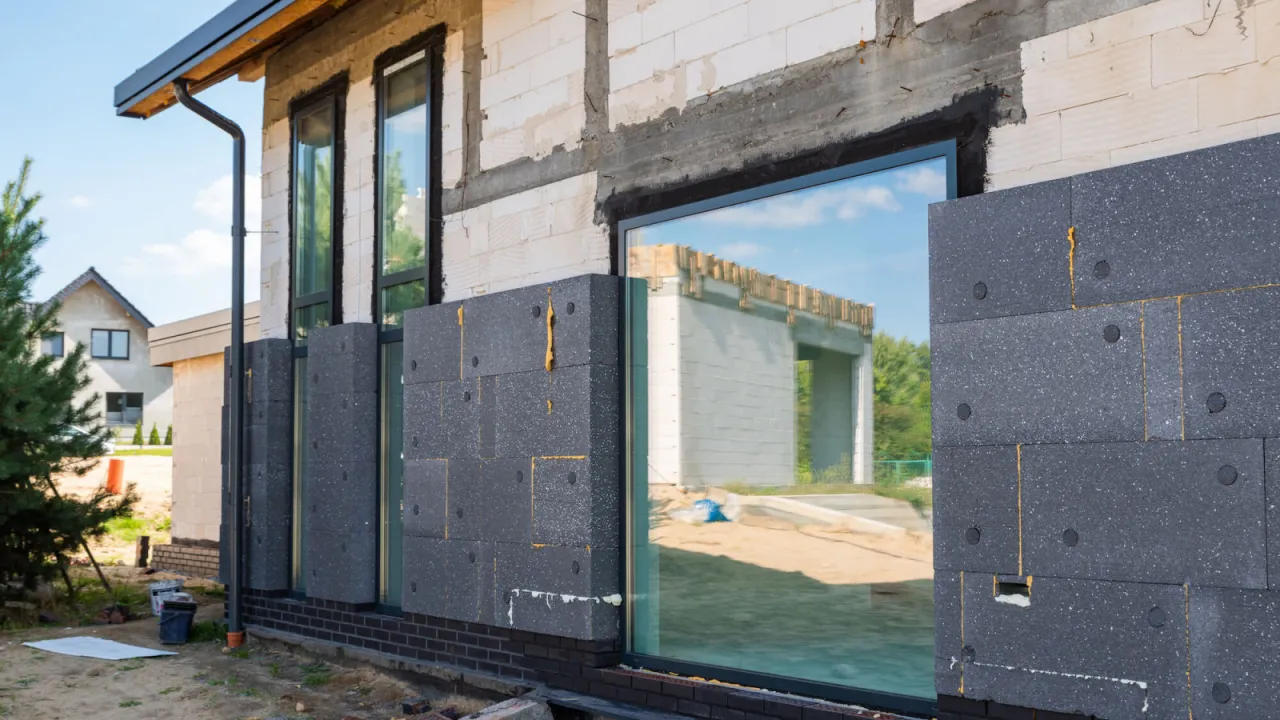 Budowa domu w toku, kiedy kołkować styropian na ścianie. Widać elementy izolacji i okna.