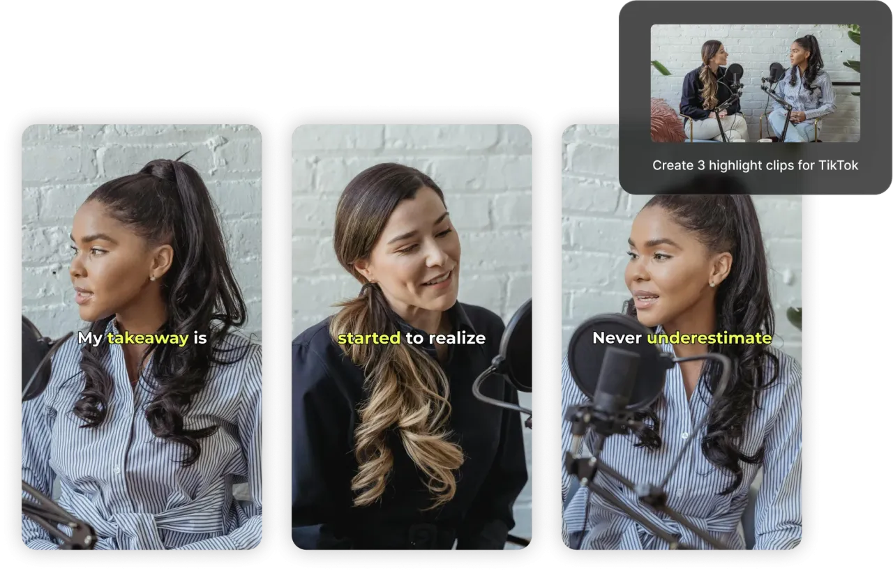 Trzy ujęcia kobiet nagrywających podcast. Losowanie tematu do rozmowy, gdy jedna z nich m&oacute;wi: 