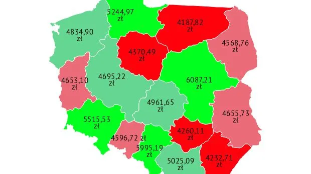 mapa Polski zarobki dekarzy, regionalne r&oacute;żnice w wynagrodzeniach budowlanych