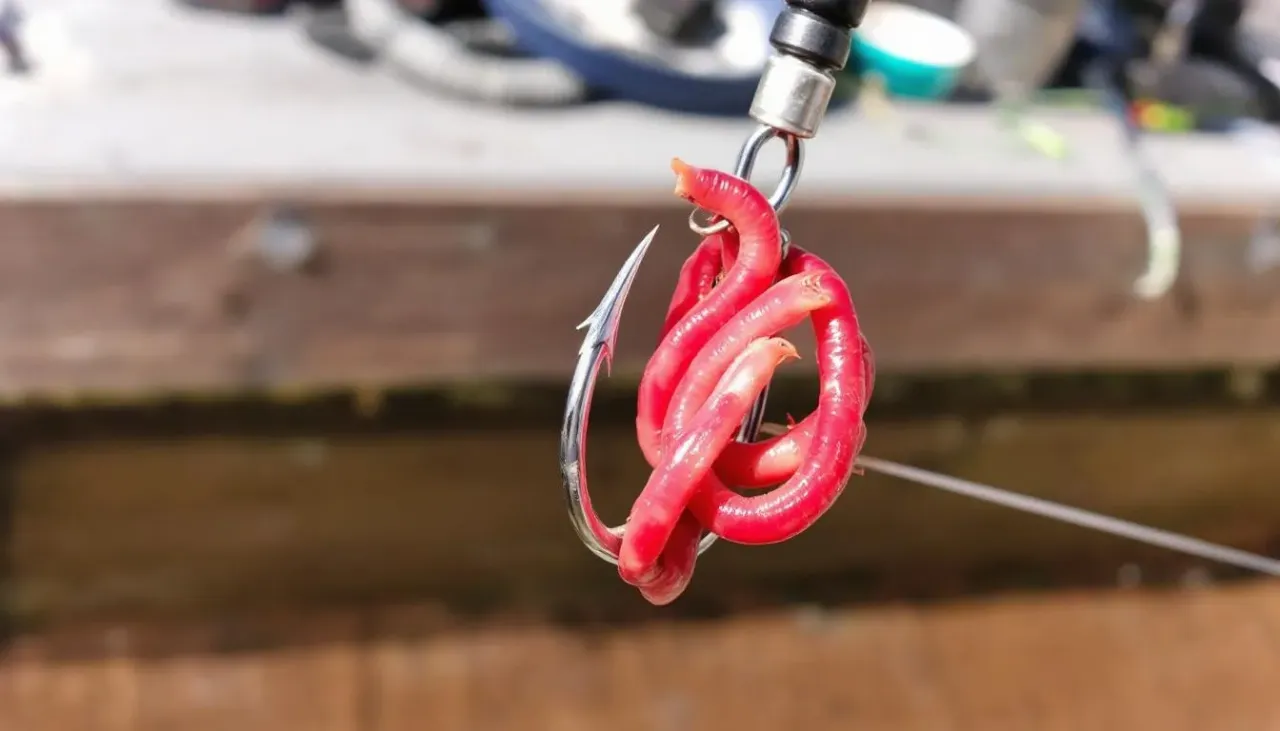 różne przynęty naturalne na lina: czerwone robaki, kukurydza, białe robaki