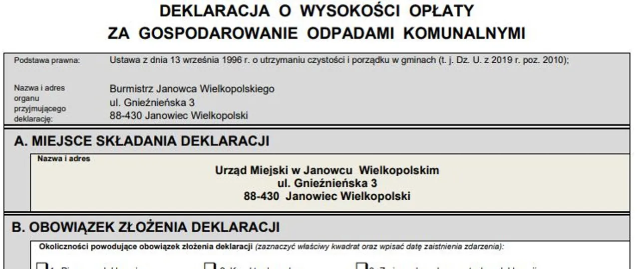 Deklaracja o wysokości opłaty za gospodarowanie odpadami komunalnymi. Urząd Miejski w Janowcu Wielkopolskim.