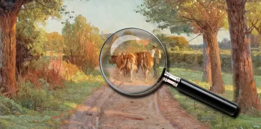 chłop prowadzący krowę na polu dawna wieś malarstwo