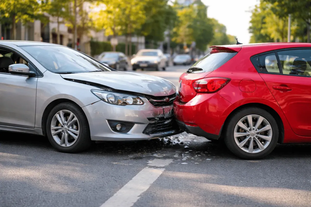 Zderzenie dwóch samochodów na drodze. Srebrny samochód z przodu ma uszkodzony przód, a czerwony samochód z tyłu jest w niego wjechany. Wypadek z regresem z OC sprawcy.