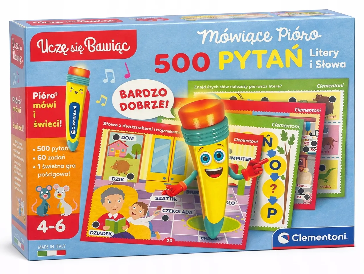Mówiące pióro Clementoni z 500 pytań to świetny pomysł na prezent dla 5 latka pod choinkę. Gra uczy litery i słowa.