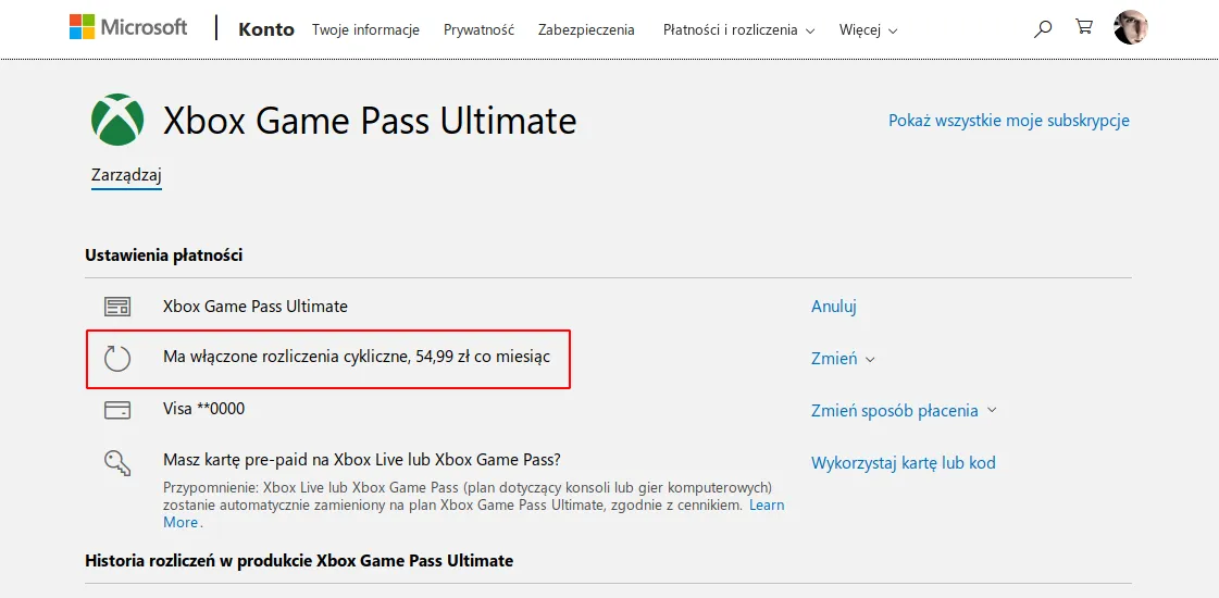 Xbox Game Pass anulowanie subskrypcji konto Microsoft