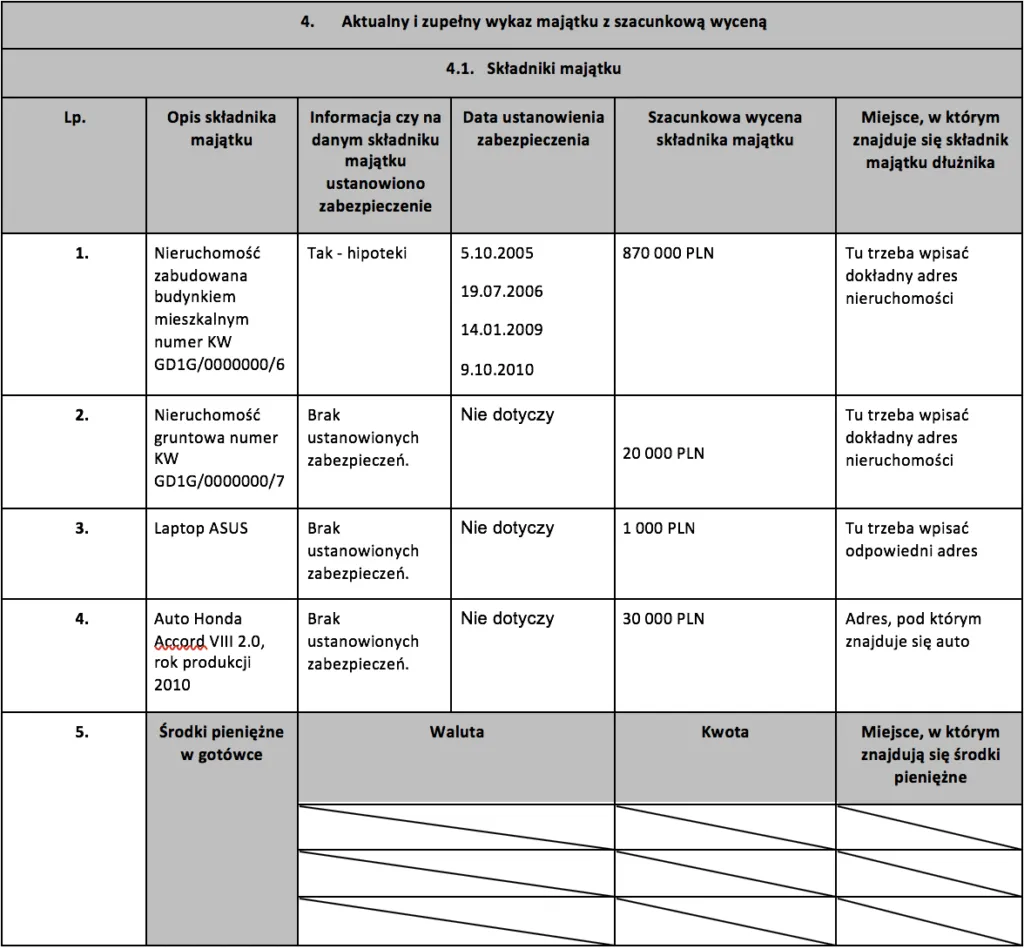 r&oacute;żne rodzaje majątku do upadłości konsumenckiej