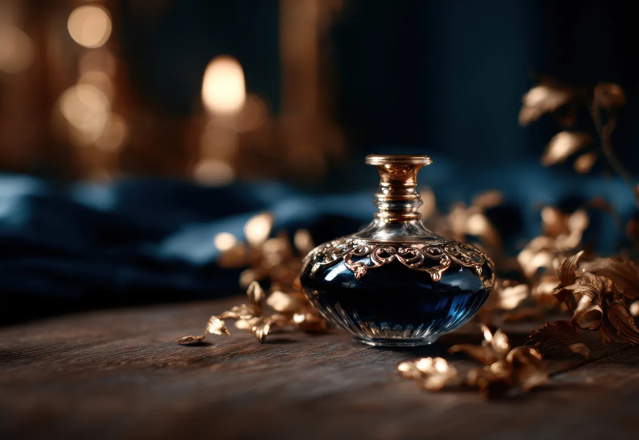 Eleganckie, ciemnoniebieskie perfumy niszowe co to? Luksusowy flakon z bogatymi zdobieniami, otoczony złotymi liśćmi, na drewnianym blacie.