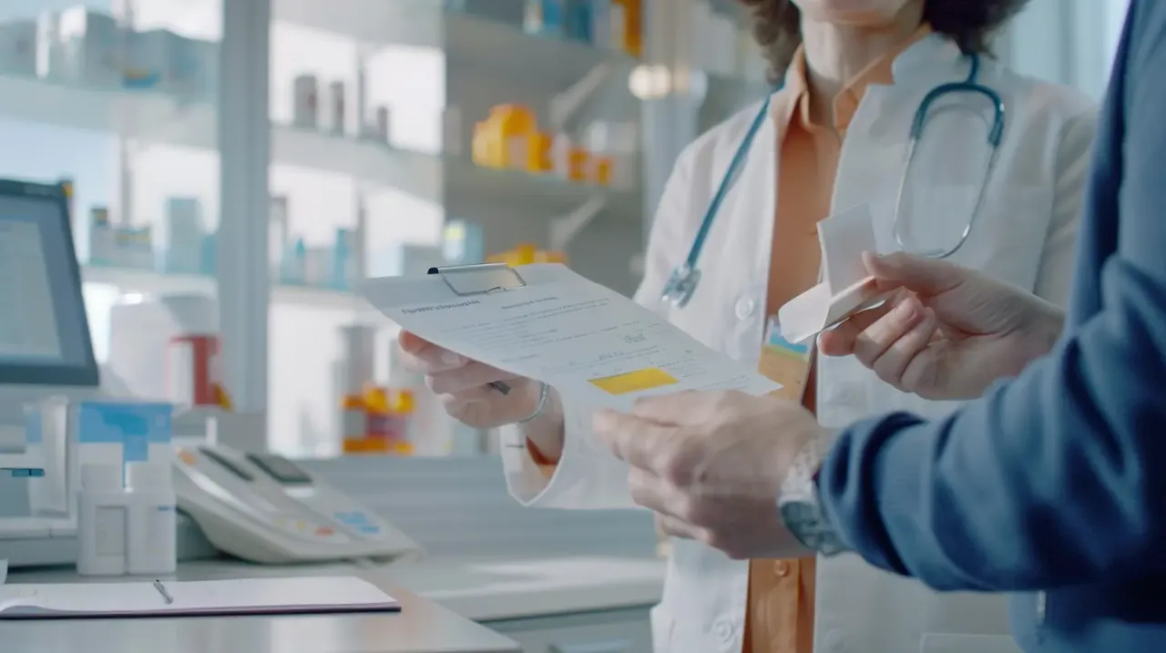 Farmaceutka pokazuje pacjentowi receptę. Czy do laboratorium trzeba się rejestrować? To pytanie często zadawane przy odbiorze leków.