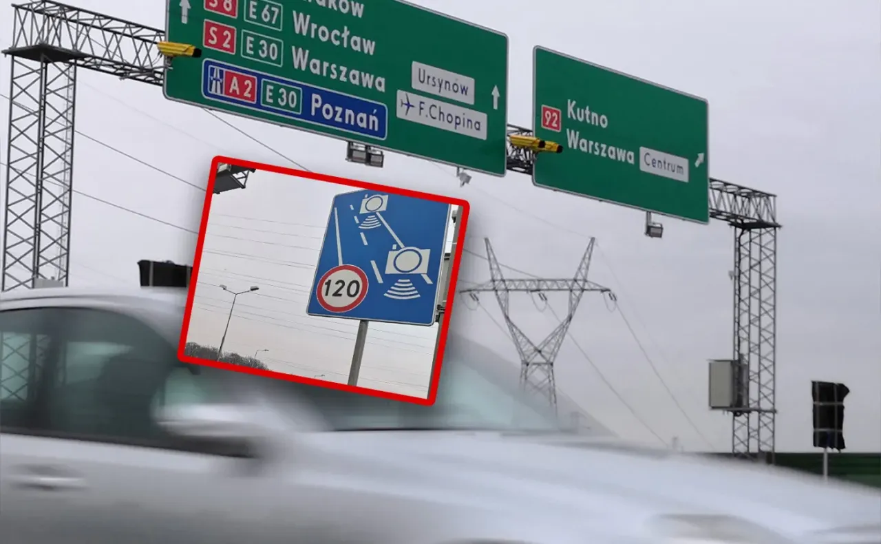 Znak odcinkowy pomiar prędkości informuje o limicie 120 km/h. Pamiętaj o tolerancji!