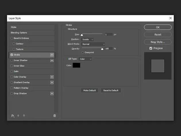Photoshop layer style stroke settings