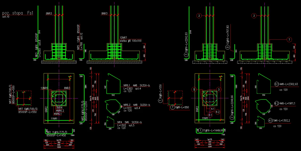 Przykładowe schematy zbrojenia stopy fundamentowej pod słup