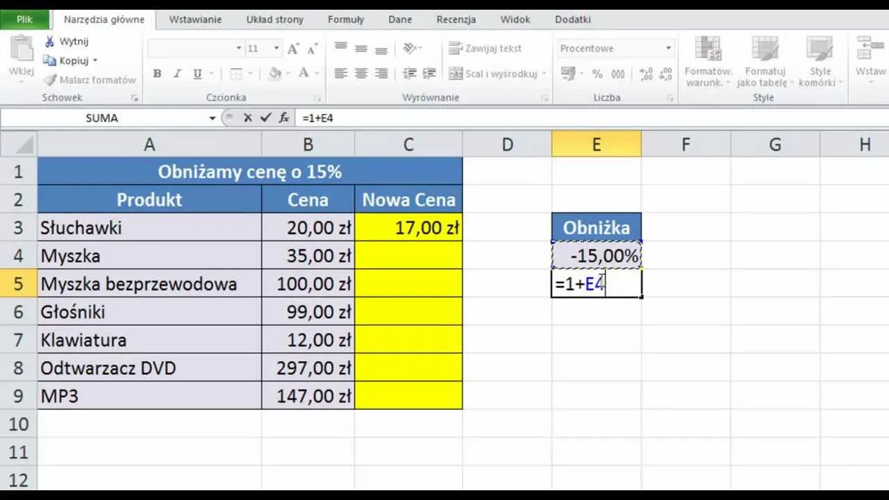 Excel formuła dodawanie procentu suma przykład