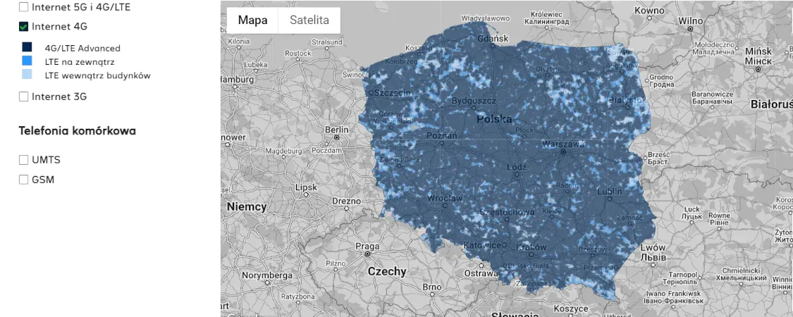 Mapa zasięgu Plus lub strona z informacjami o awariach sieci
