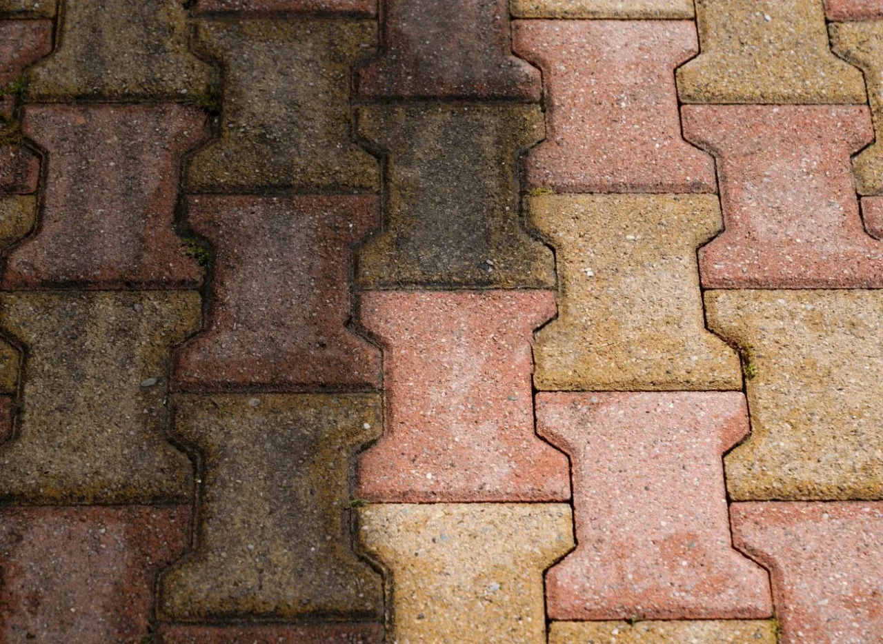 Kostka brukowa z zielonym nalotem po lewej, czysta po prawej. Pokazuje, jak wyczyścić kostkę brukową z zielonego nalotu.