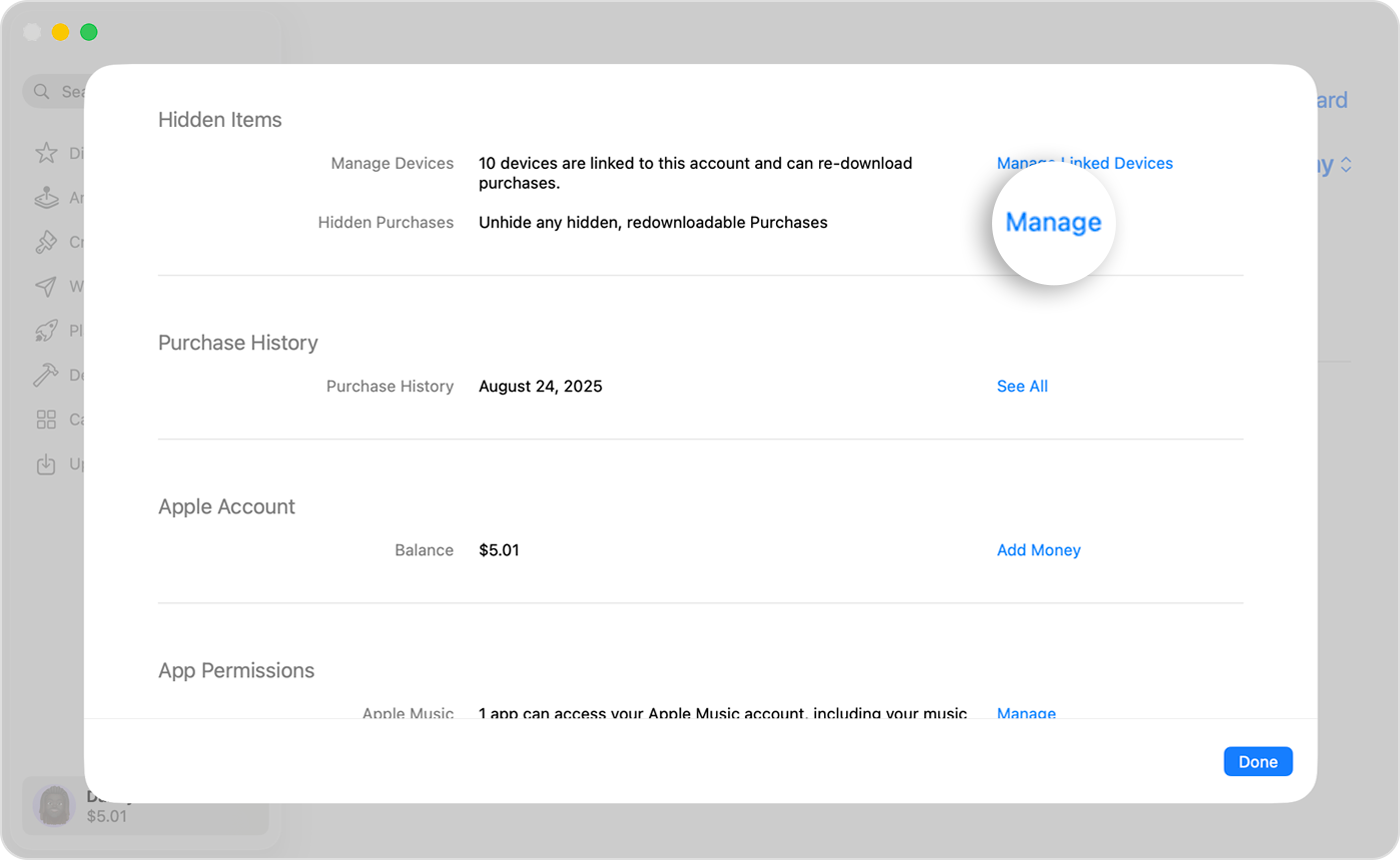 Zarządzaj zakupami i ukrytymi elementami, aby dowiedzieć się, jak usunąć płatne aplikacje z App Store.