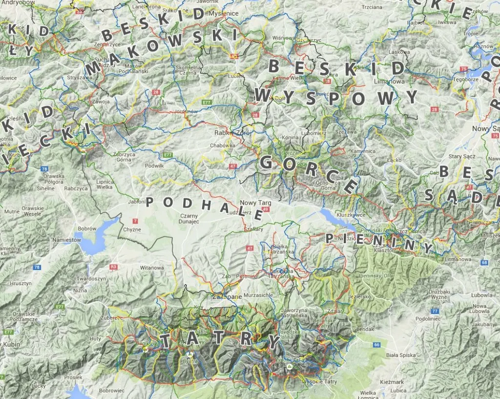 mapa szlak&oacute;w PTTK kolory