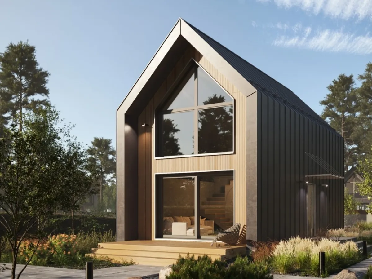 Nowoczesny dom z drewna i blachy, z dużymi oknami. Idealny przykład, na co nie trzeba pozwolenia na budowę, by stworzyć przytulne schronienie.