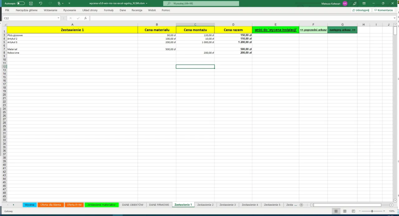 szablon kosztorysu excel