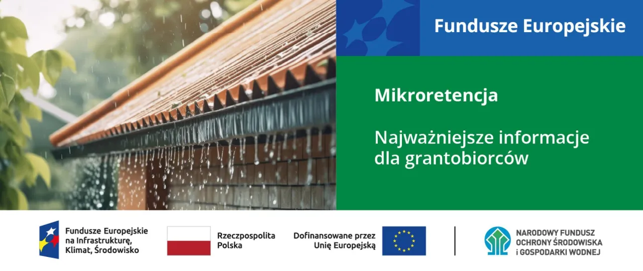Deszcz na dachu, krople spływają z rynny. Informacje o tym, gdzie złożyć wniosek o dofinansowanie na deszcz&oacute;wkę, znajdziesz w tekście 