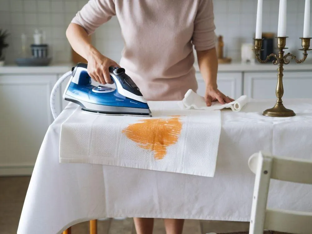 prasowanie plamy z wosku przez papierowy ręcznik