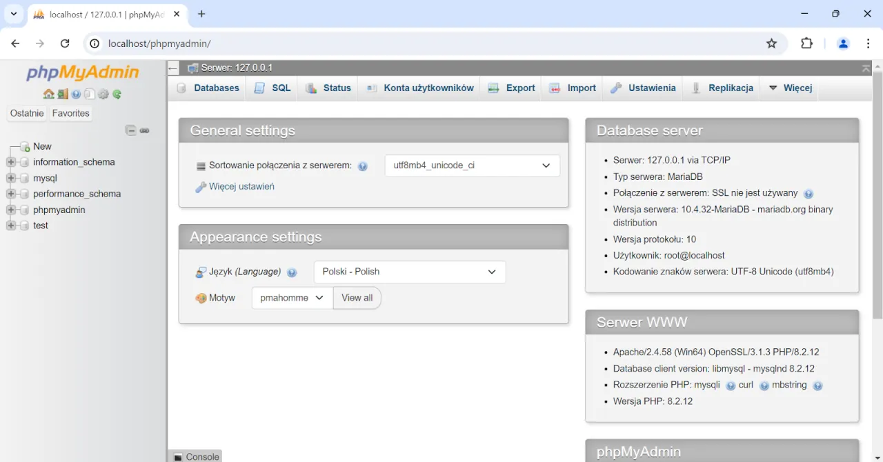 phpMyAdmin w przeglądarce, pokazuje jak otworzyć plik php. Widok panelu administracyjnego serwera.