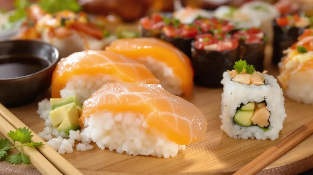 Pyszne sushi z łososiem i awokado. Zastanawiasz się, ile kalorii ma sushi? To zależy od składników, ale ta porcja wygląda zdrowo!
