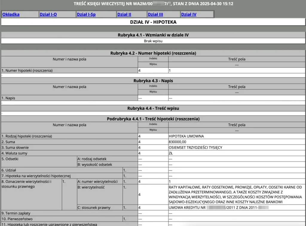 fragment księgi wieczystej dział IV hipoteka