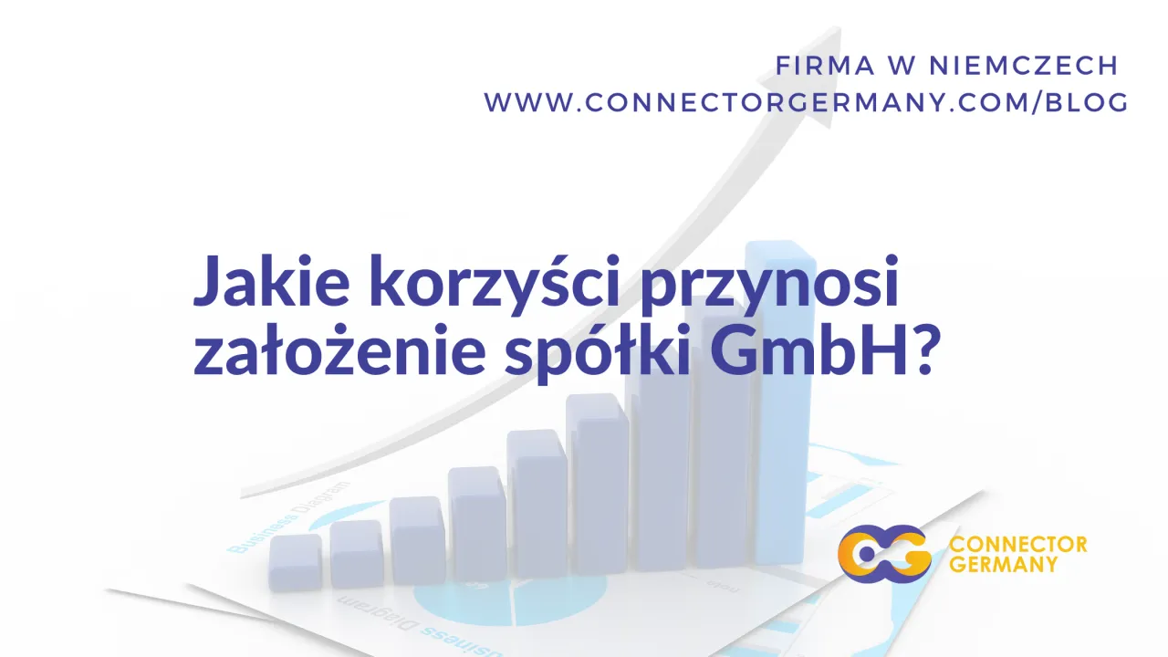 Wykres słupkowy i strzałka wzrostu symbolizują korzyści z założenia sp&oacute;łki GmbH. Dowiedz się, co to jest GmbH i jak może pom&oacute;c Twojej firmie.