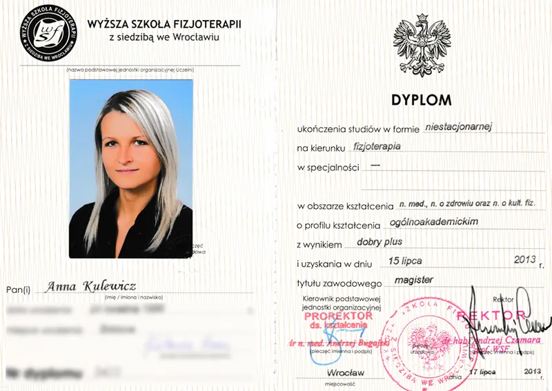 Dyplom ukończenia studi&oacute;w magisterskich z fizjoterapii
