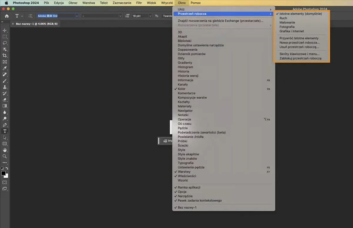 Photoshop menu Okno Narzędzia